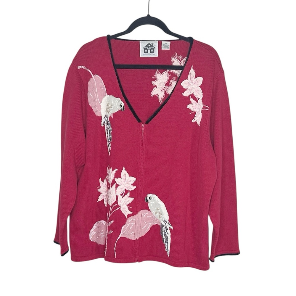 STORYBOOK KNITS 100% Cotton White Parrot Sequin Embellished Zip up Cardigan 3X